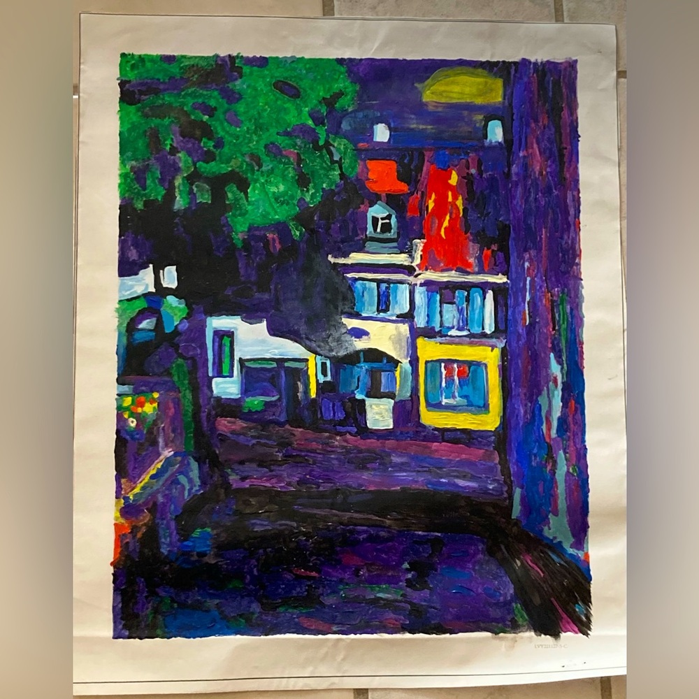 An abstract painting of a house seen from an alley at night. Acrylic on canvas.